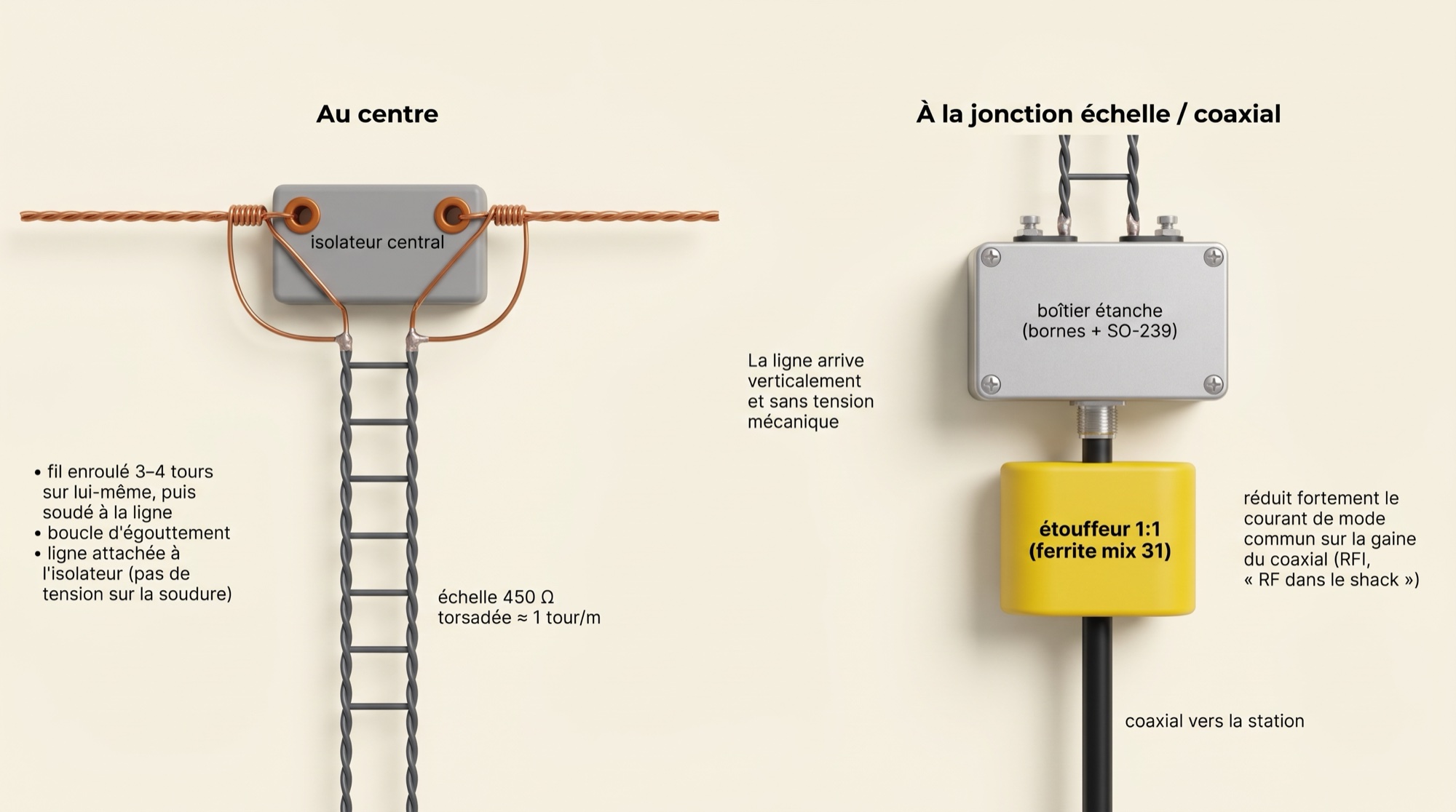 Détails de construction : connexion du fil à l'isolateur central et jonction de l'échelle avec le coaxial et l'étouffeur de mode commun