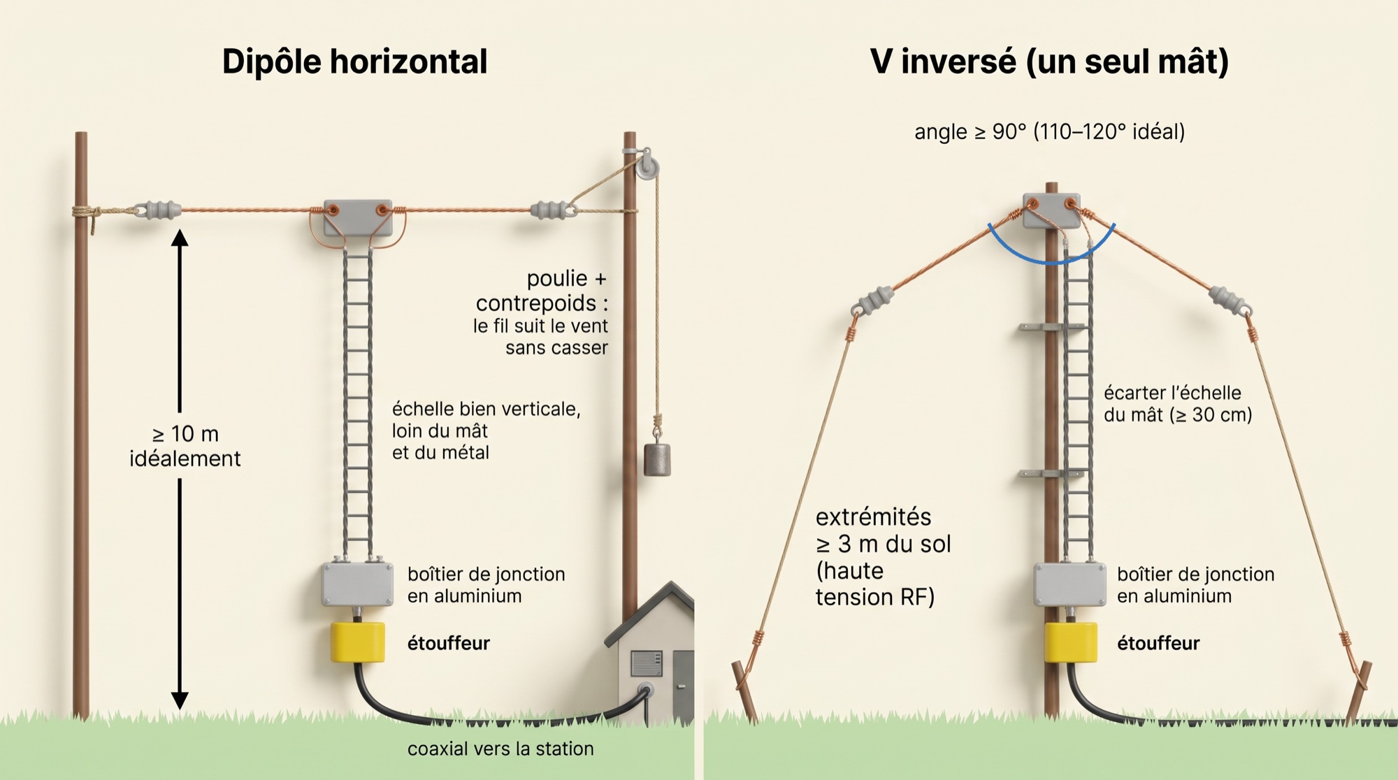 Deux façons d'installer la G5RV : dipôle horizontal sur deux mâts et V inversé sur un seul mât